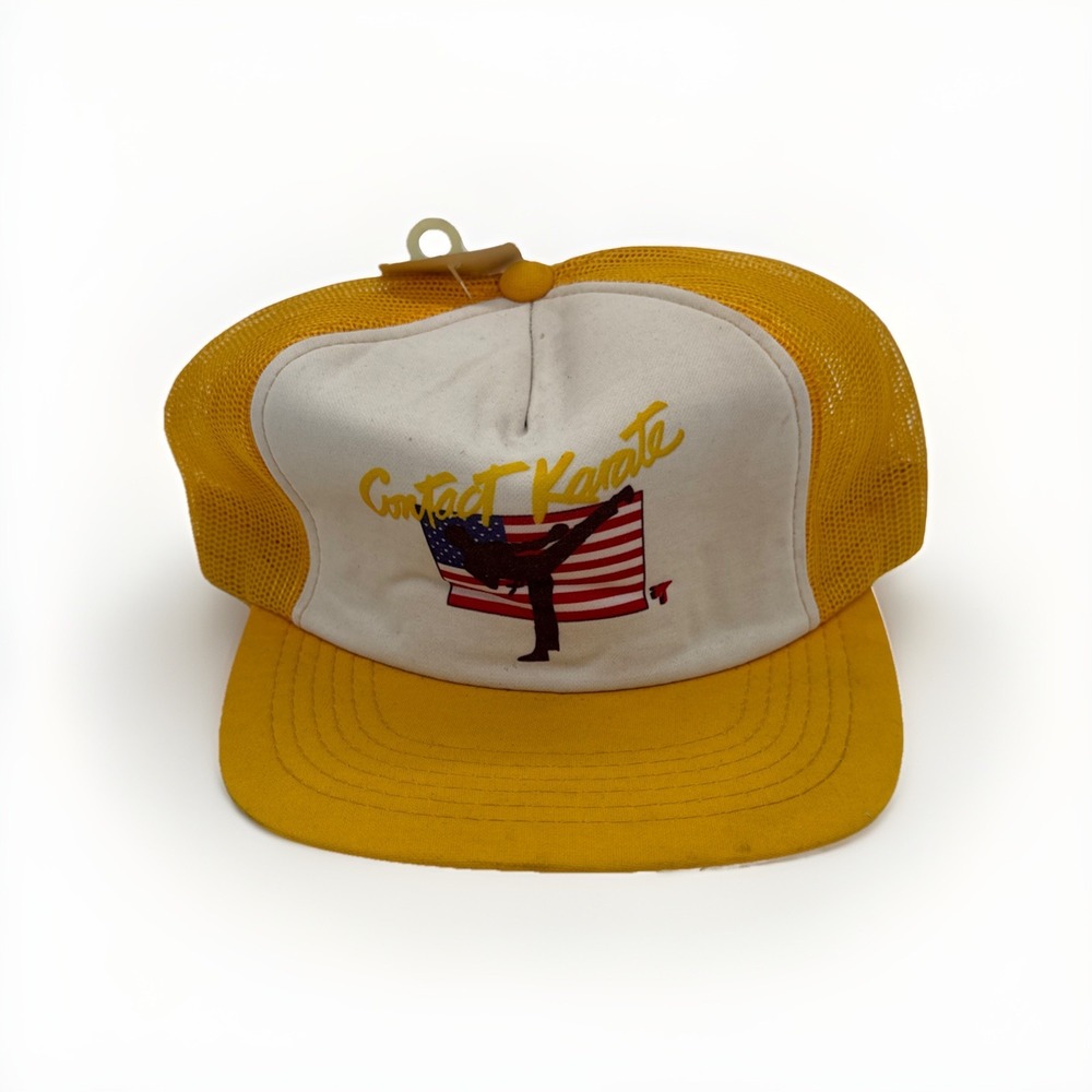 Vintage‎ Contact Karate SnapBack Trucker Hat Mens Adjustable 80s Mesh Yellow